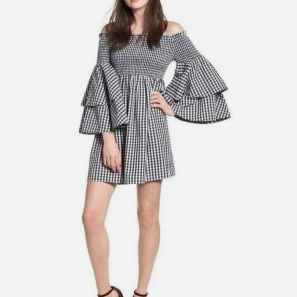 BP Smocked Off The Shoulder Bell Sleeve Lexi Black White Gingham Mini Dress